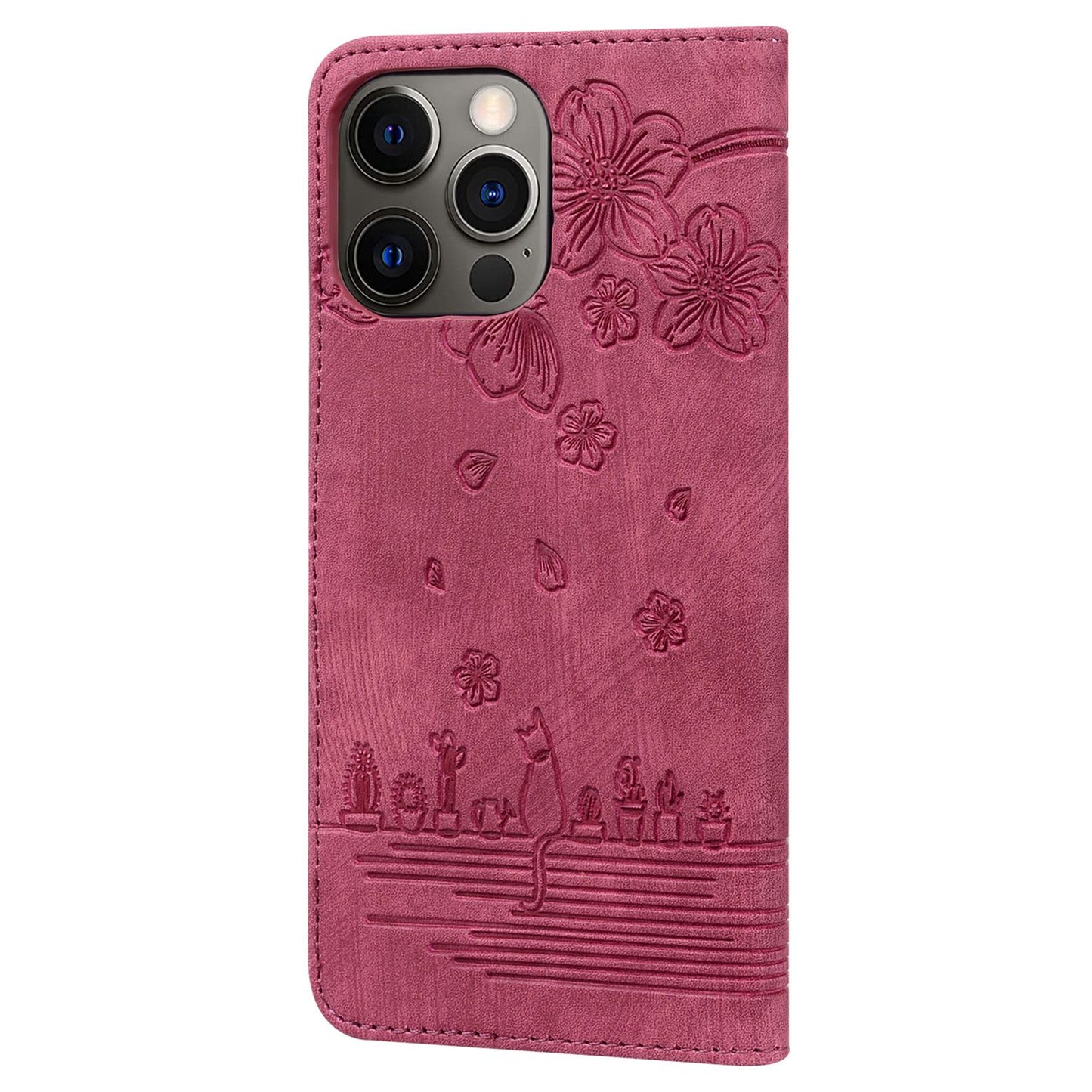 For iPhone 13 Pro 6.1 inch Shockproof Flip Case Phone Wallet Cherry Blossom Cat Imprinted PU Leather Stand Cover with Strap Card Holder