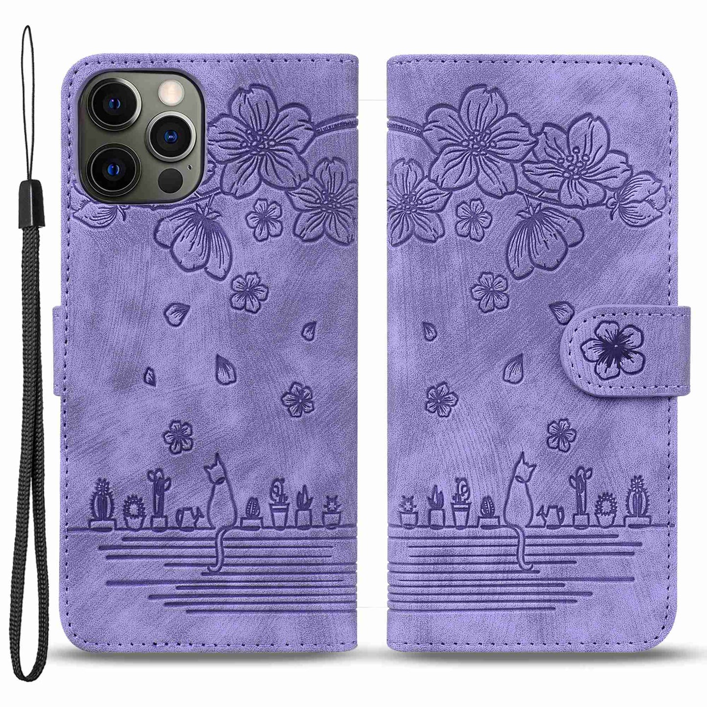 For iPhone 13 Pro 6.1 inch Shockproof Flip Case Phone Wallet Cherry Blossom Cat Imprinted PU Leather Stand Cover with Strap Card Holder