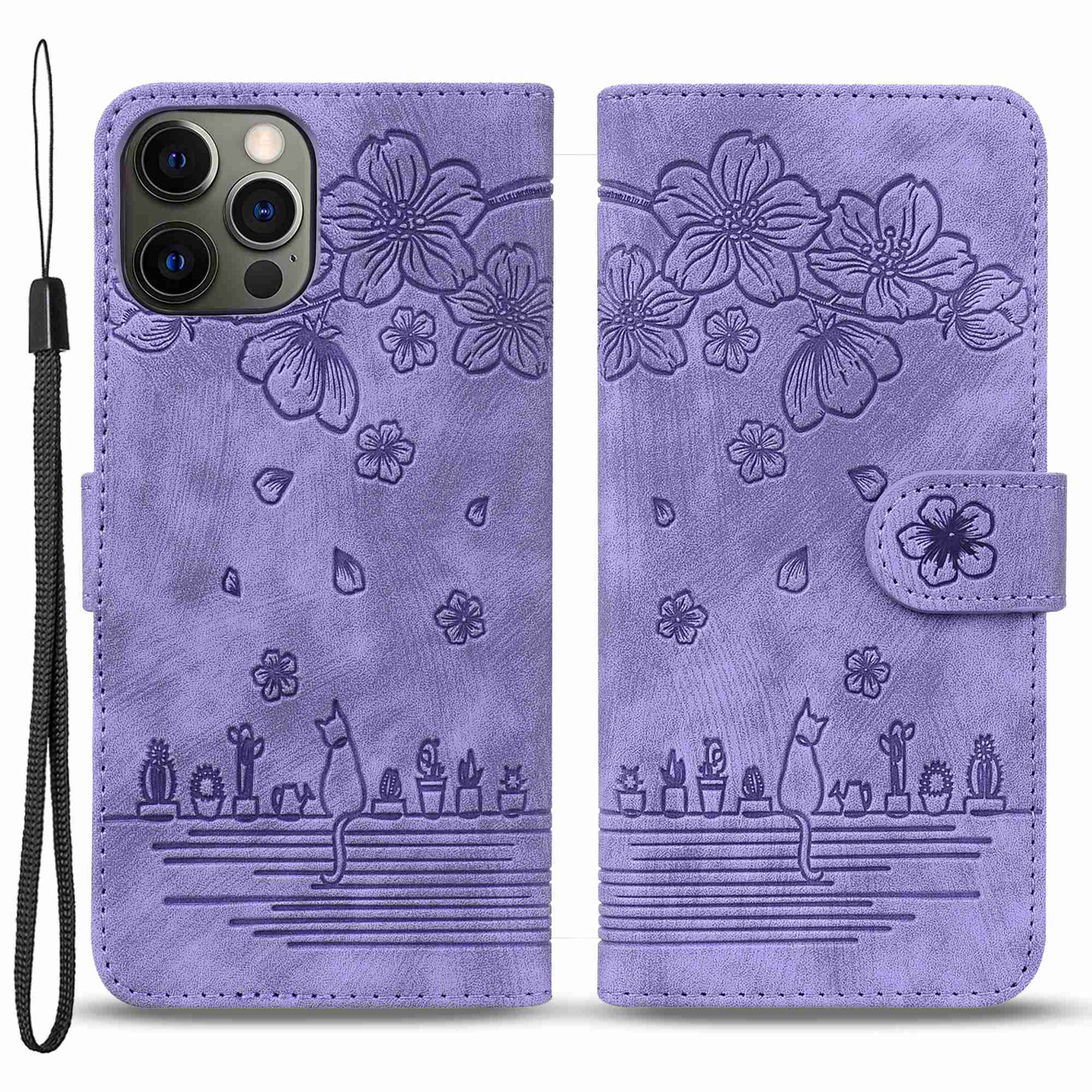 For iPhone 13 Pro 6.1 inch Shockproof Flip Case Phone Wallet Cherry Blossom Cat Imprinted PU Leather Stand Cover with Strap Card Holder