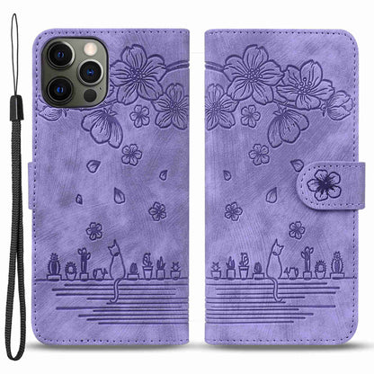 For iPhone 13 Pro 6.1 inch Shockproof Flip Case Phone Wallet Cherry Blossom Cat Imprinted PU Leather Stand Cover with Strap Card Holder