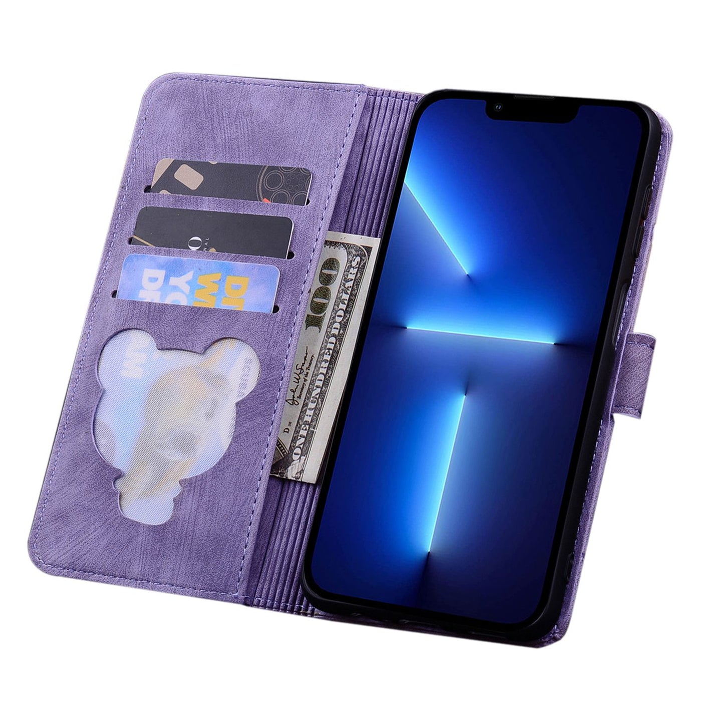 For iPhone 13 Pro 6.1 inch Shockproof Flip Case Phone Wallet Cherry Blossom Cat Imprinted PU Leather Stand Cover with Strap Card Holder