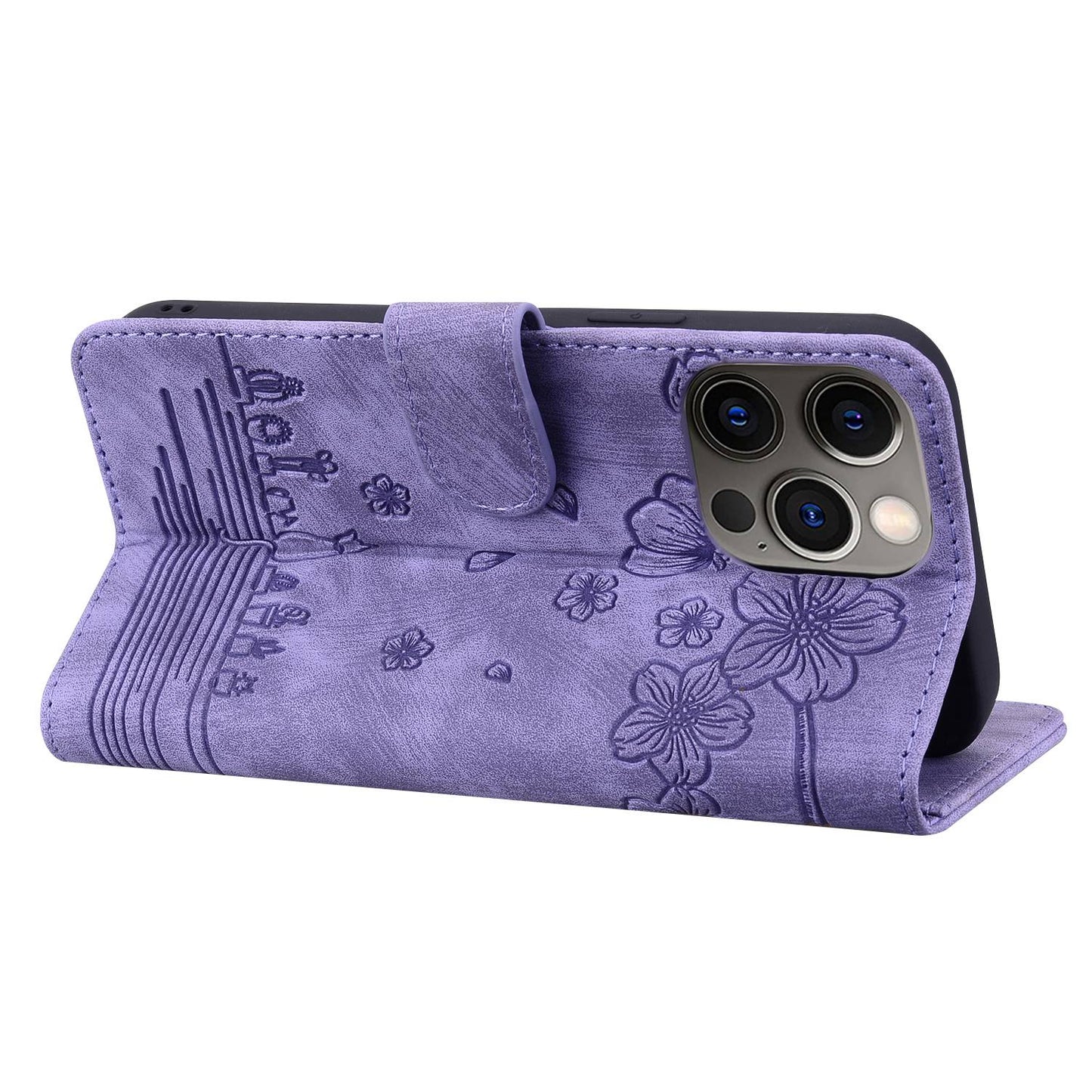 For iPhone 13 Pro 6.1 inch Shockproof Flip Case Phone Wallet Cherry Blossom Cat Imprinted PU Leather Stand Cover with Strap Card Holder