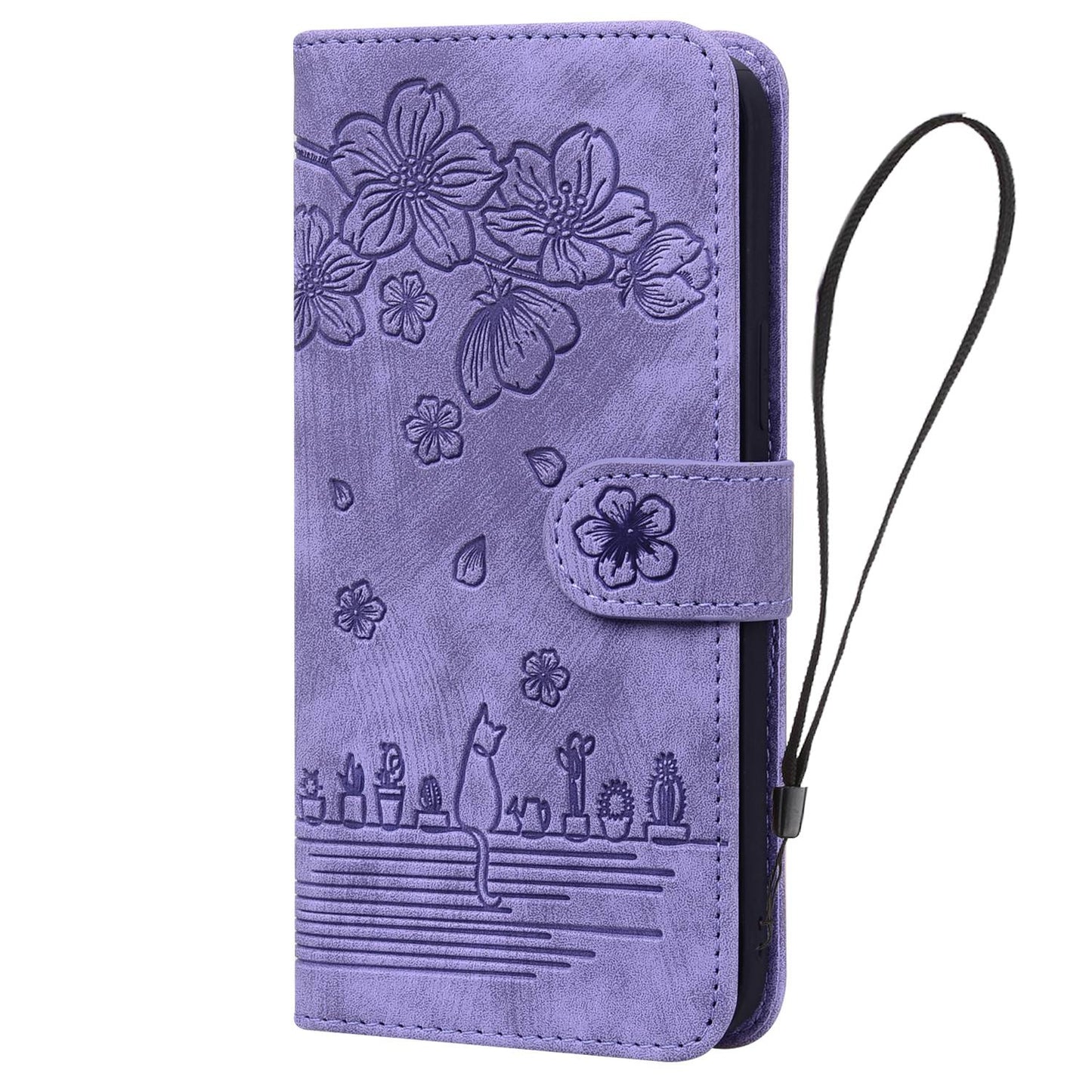 For iPhone 13 Pro 6.1 inch Shockproof Flip Case Phone Wallet Cherry Blossom Cat Imprinted PU Leather Stand Cover with Strap Card Holder