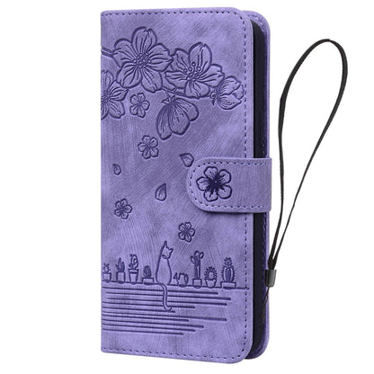 For iPhone 13 Pro 6.1 inch Shockproof Flip Case Phone Wallet Cherry Blossom Cat Imprinted PU Leather Stand Cover with Strap Card Holder