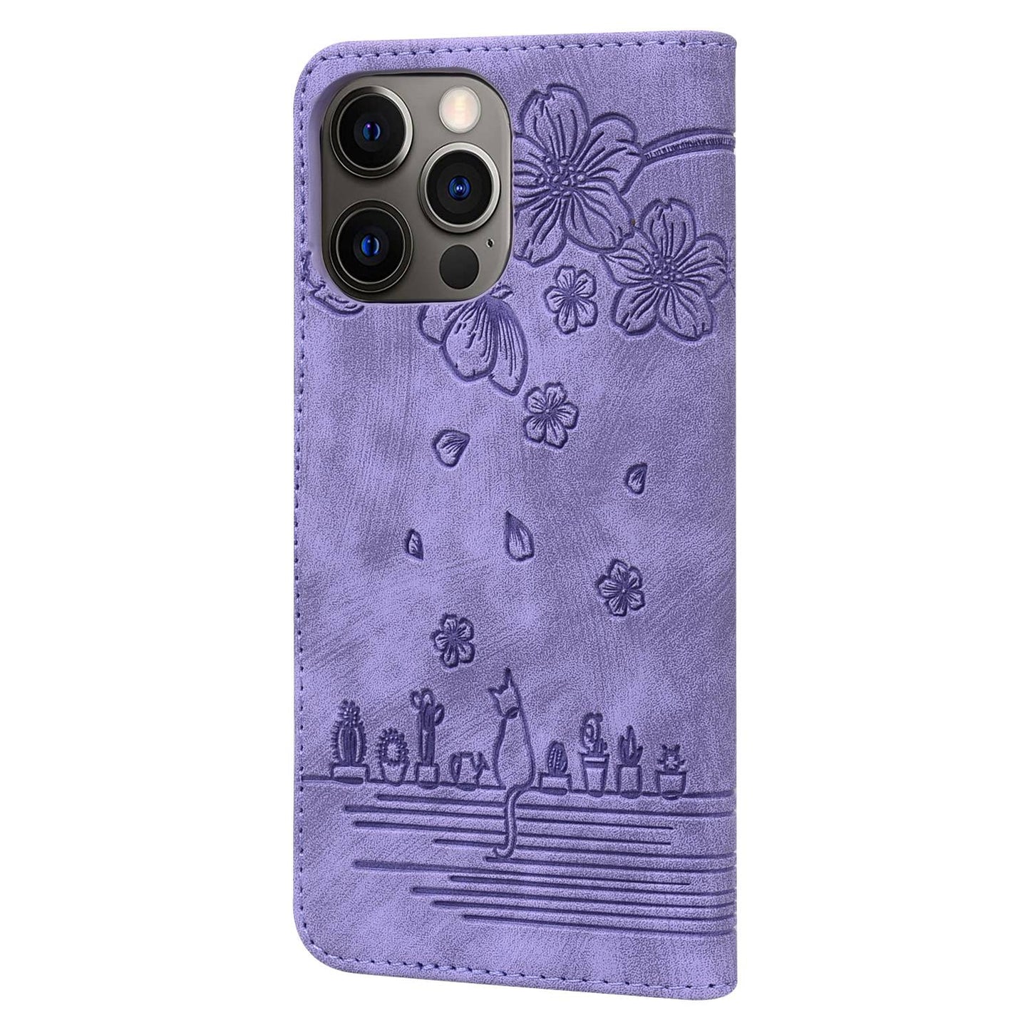 For iPhone 13 Pro 6.1 inch Shockproof Flip Case Phone Wallet Cherry Blossom Cat Imprinted PU Leather Stand Cover with Strap Card Holder