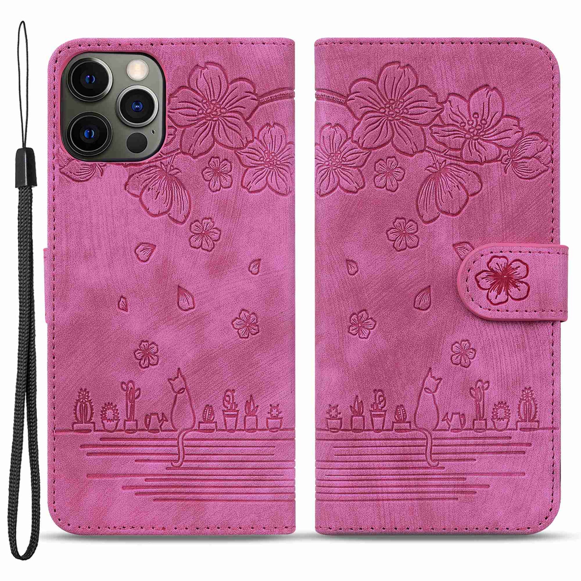 For iPhone 13 Pro 6.1 inch Shockproof Flip Case Phone Wallet Cherry Blossom Cat Imprinted PU Leather Stand Cover with Strap Card Holder