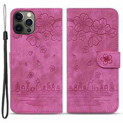 For iPhone 13 Pro 6.1 inch Shockproof Flip Case Phone Wallet Cherry Blossom Cat Imprinted PU Leather Stand Cover with Strap Card Holder