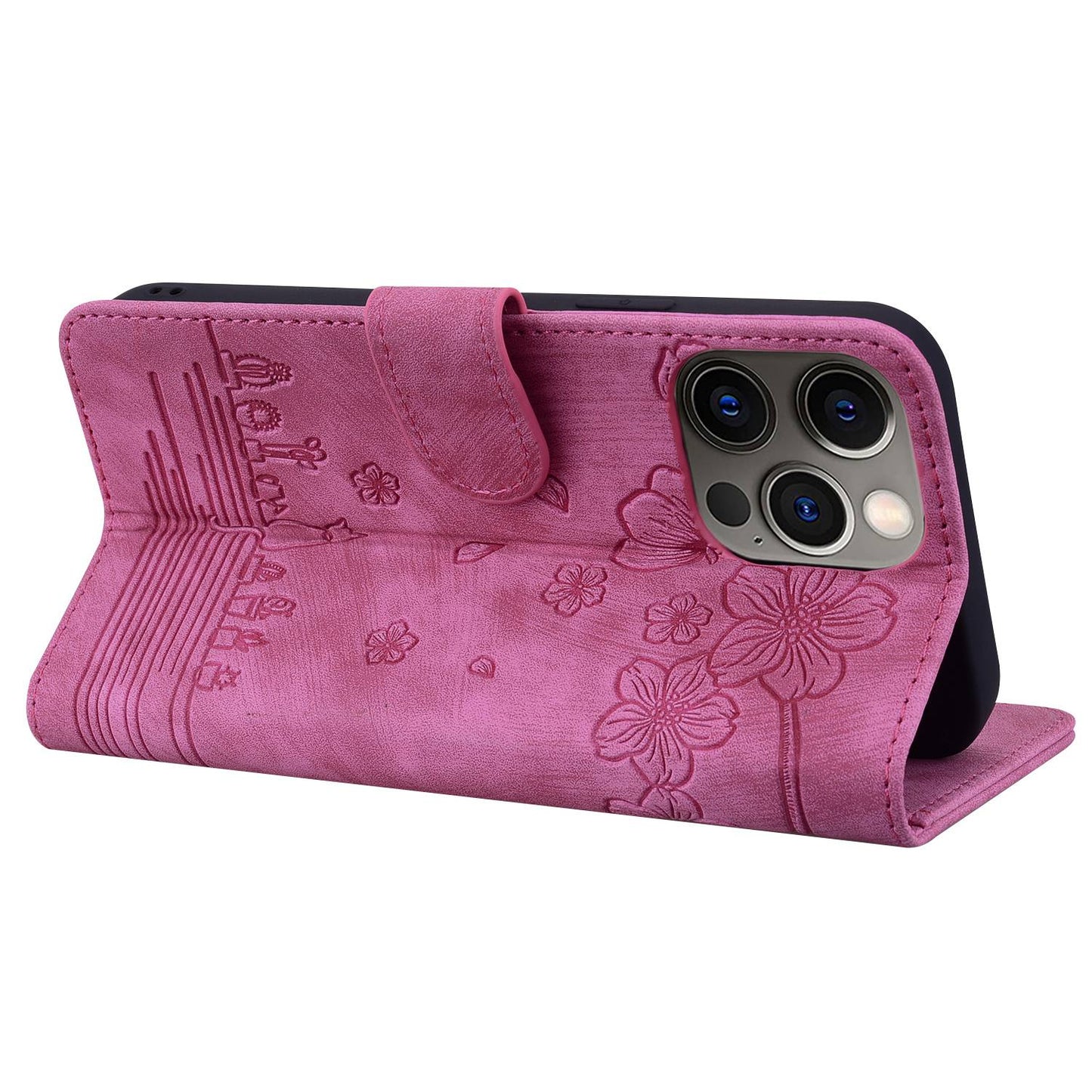 For iPhone 13 Pro 6.1 inch Shockproof Flip Case Phone Wallet Cherry Blossom Cat Imprinted PU Leather Stand Cover with Strap Card Holder