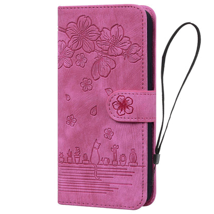 For iPhone 13 Pro 6.1 inch Shockproof Flip Case Phone Wallet Cherry Blossom Cat Imprinted PU Leather Stand Cover with Strap Card Holder