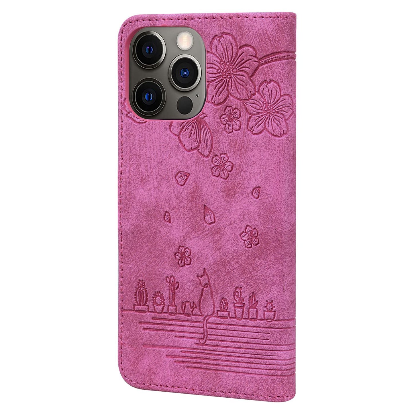 For iPhone 13 Pro 6.1 inch Shockproof Flip Case Phone Wallet Cherry Blossom Cat Imprinted PU Leather Stand Cover with Strap Card Holder