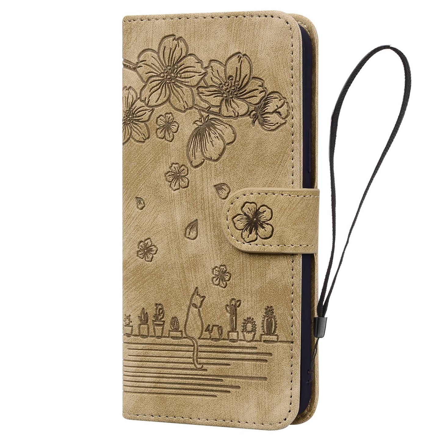 For iPhone 13 Pro 6.1 inch Shockproof Flip Case Phone Wallet Cherry Blossom Cat Imprinted PU Leather Stand Cover with Strap Card Holder