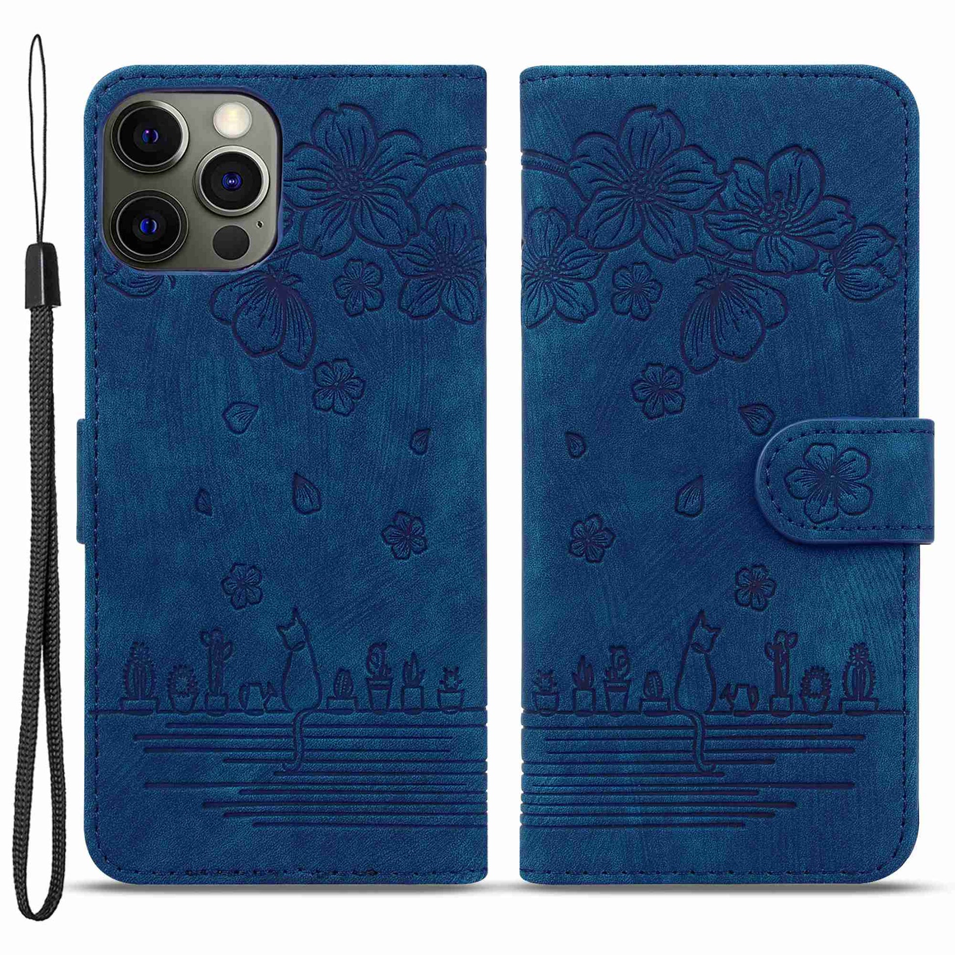 For iPhone 13 Pro 6.1 inch Shockproof Flip Case Phone Wallet Cherry Blossom Cat Imprinted PU Leather Stand Cover with Strap Card Holder
