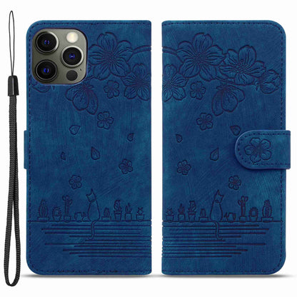 For iPhone 13 Pro 6.1 inch Shockproof Flip Case Phone Wallet Cherry Blossom Cat Imprinted PU Leather Stand Cover with Strap Card Holder
