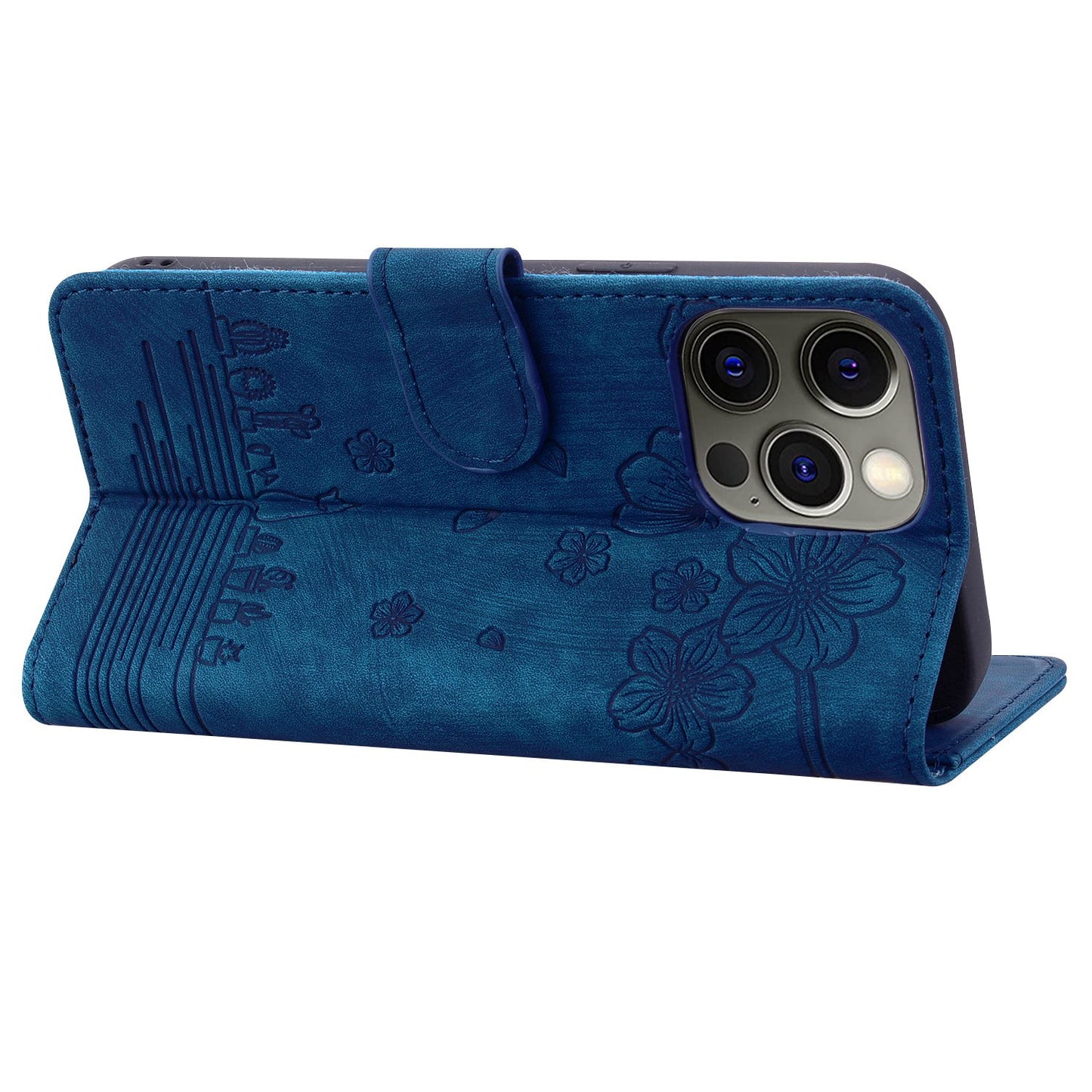 For iPhone 13 Pro 6.1 inch Shockproof Flip Case Phone Wallet Cherry Blossom Cat Imprinted PU Leather Stand Cover with Strap Card Holder