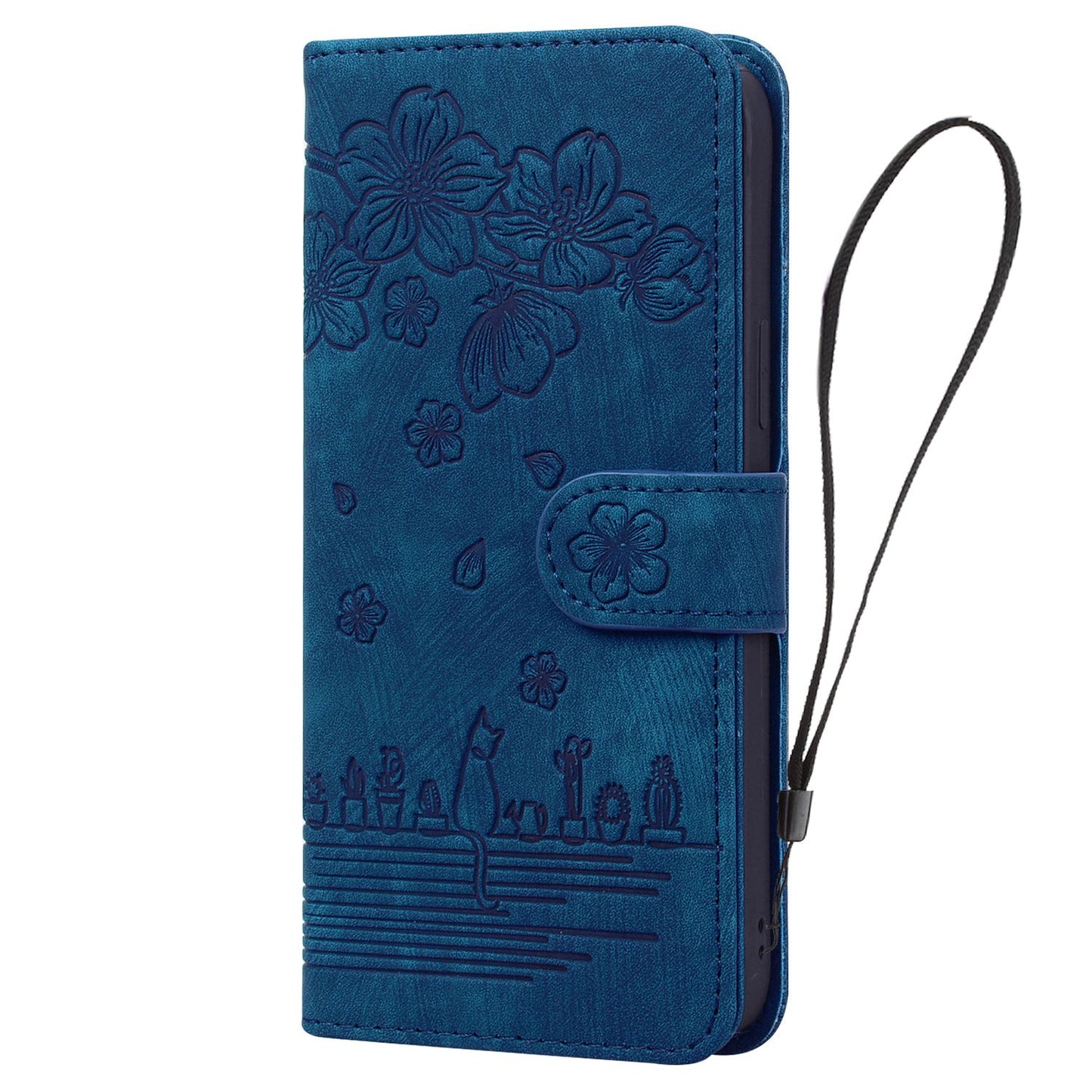 For iPhone 13 Pro 6.1 inch Shockproof Flip Case Phone Wallet Cherry Blossom Cat Imprinted PU Leather Stand Cover with Strap Card Holder