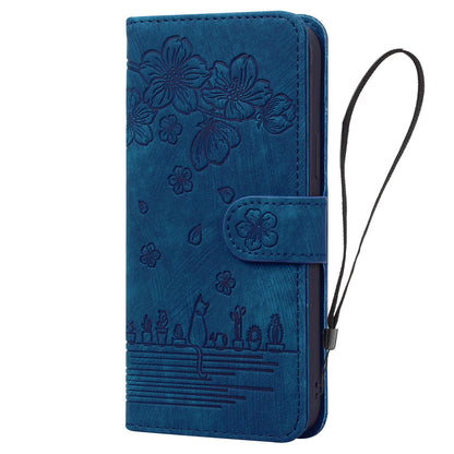 For iPhone 13 Pro 6.1 inch Shockproof Flip Case Phone Wallet Cherry Blossom Cat Imprinted PU Leather Stand Cover with Strap Card Holder