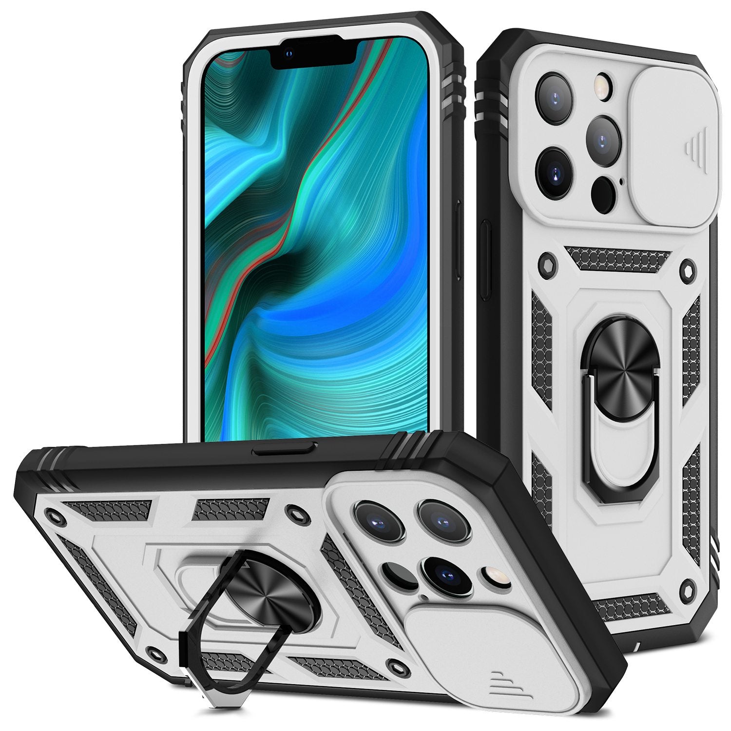 For iPhone 13 Pro 6.1 inch Built-in Kickstand Sliding Camera Cover PC+TPU Wear-resistant Phone Case Protector with Card Clot