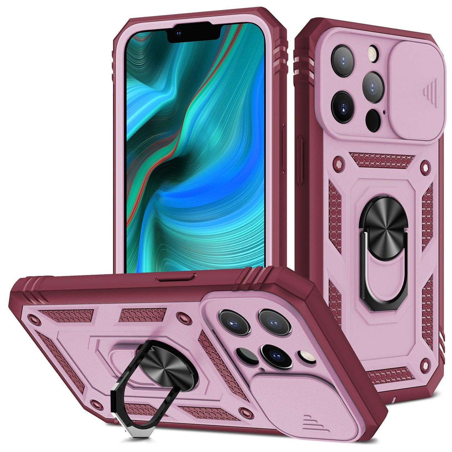 For iPhone 13 Pro 6.1 inch Built-in Kickstand Sliding Camera Cover PC+TPU Wear-resistant Phone Case Protector with Card Clot