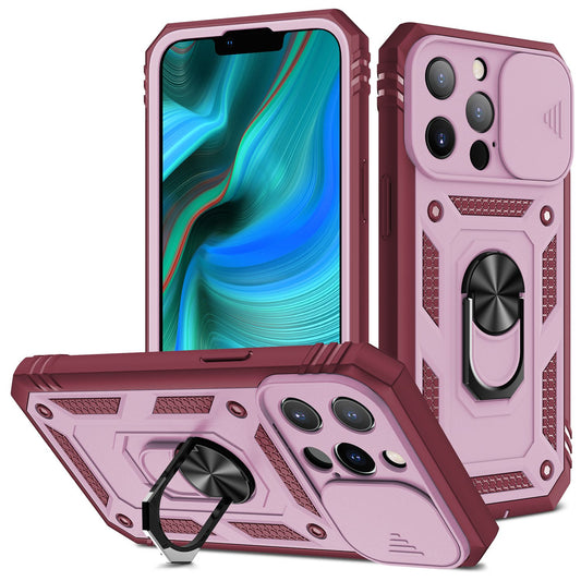 For iPhone 13 Pro 6.1 inch Built-in Kickstand Sliding Camera Cover PC+TPU Wear-resistant Phone Case Protector with Card Clot