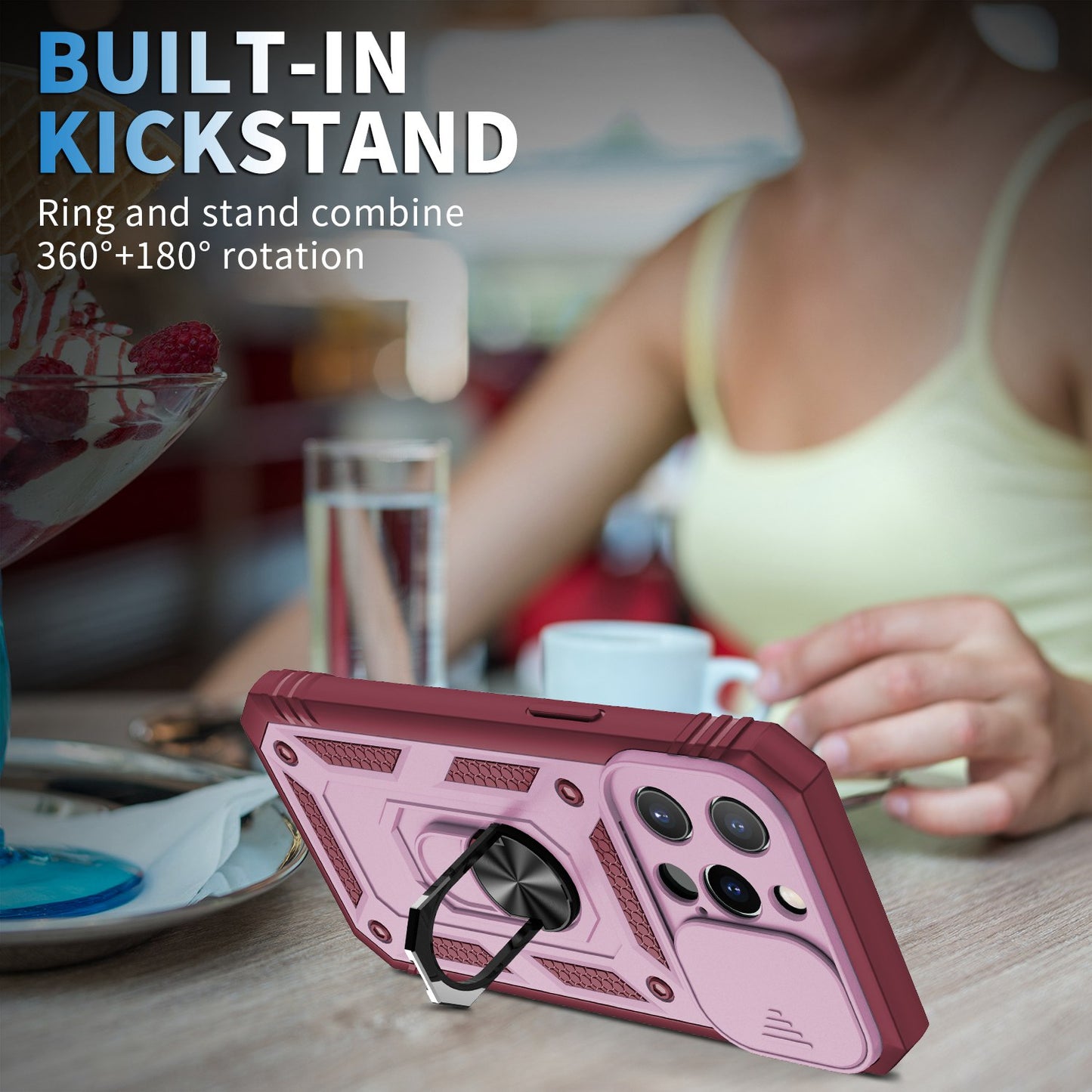 For iPhone 13 Pro 6.1 inch Built-in Kickstand Sliding Camera Cover PC+TPU Wear-resistant Phone Case Protector with Card Clot