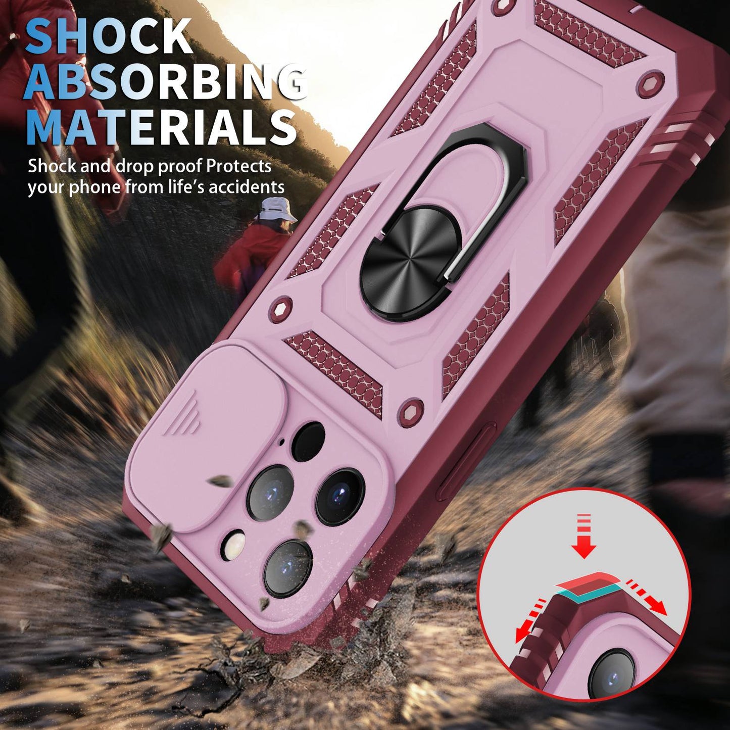 For iPhone 13 Pro 6.1 inch Built-in Kickstand Sliding Camera Cover PC+TPU Wear-resistant Phone Case Protector with Card Clot