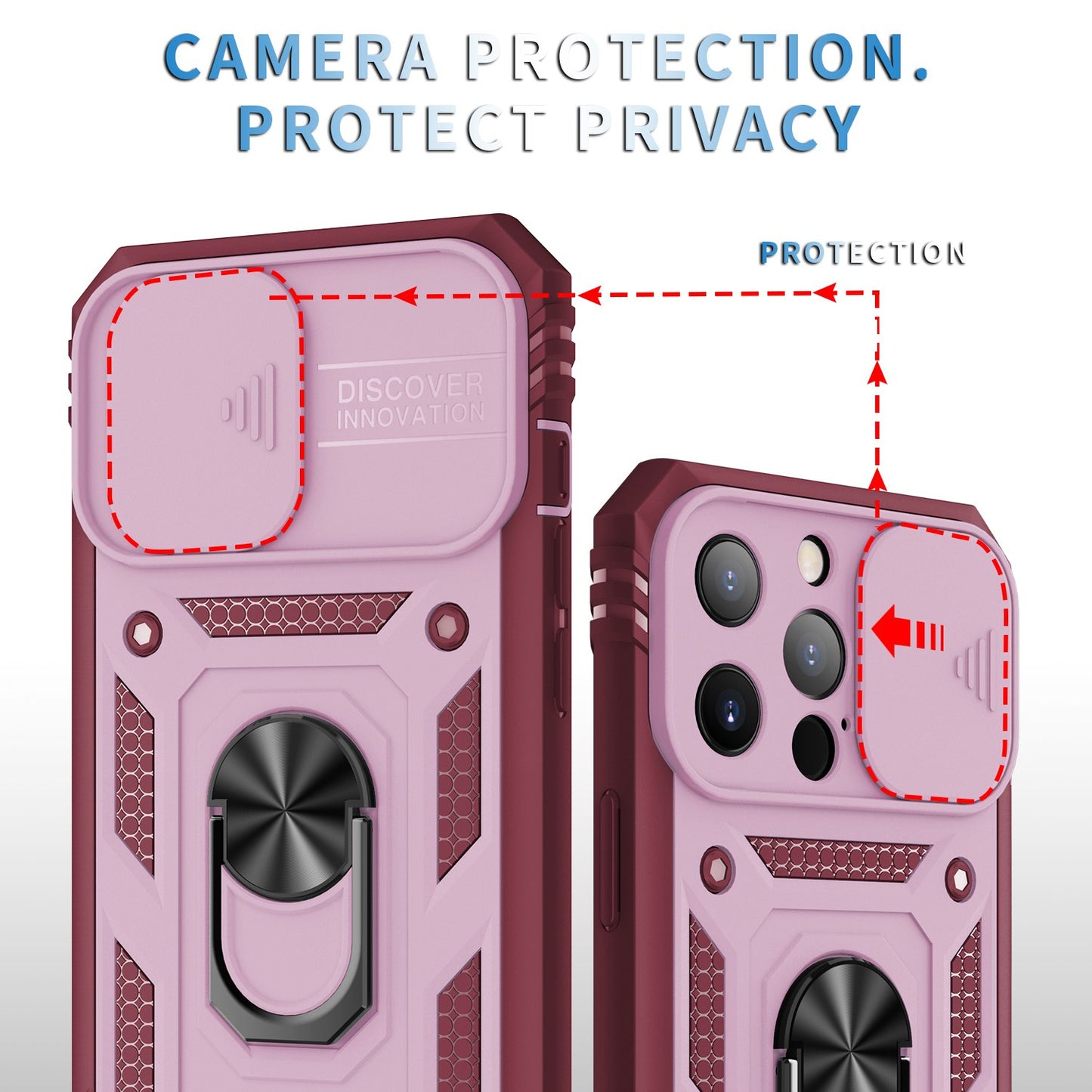For iPhone 13 Pro 6.1 inch Built-in Kickstand Sliding Camera Cover PC+TPU Wear-resistant Phone Case Protector with Card Clot