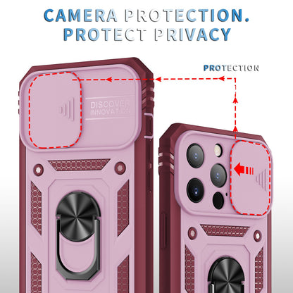 For iPhone 13 Pro 6.1 inch Built-in Kickstand Sliding Camera Cover PC+TPU Wear-resistant Phone Case Protector with Card Clot