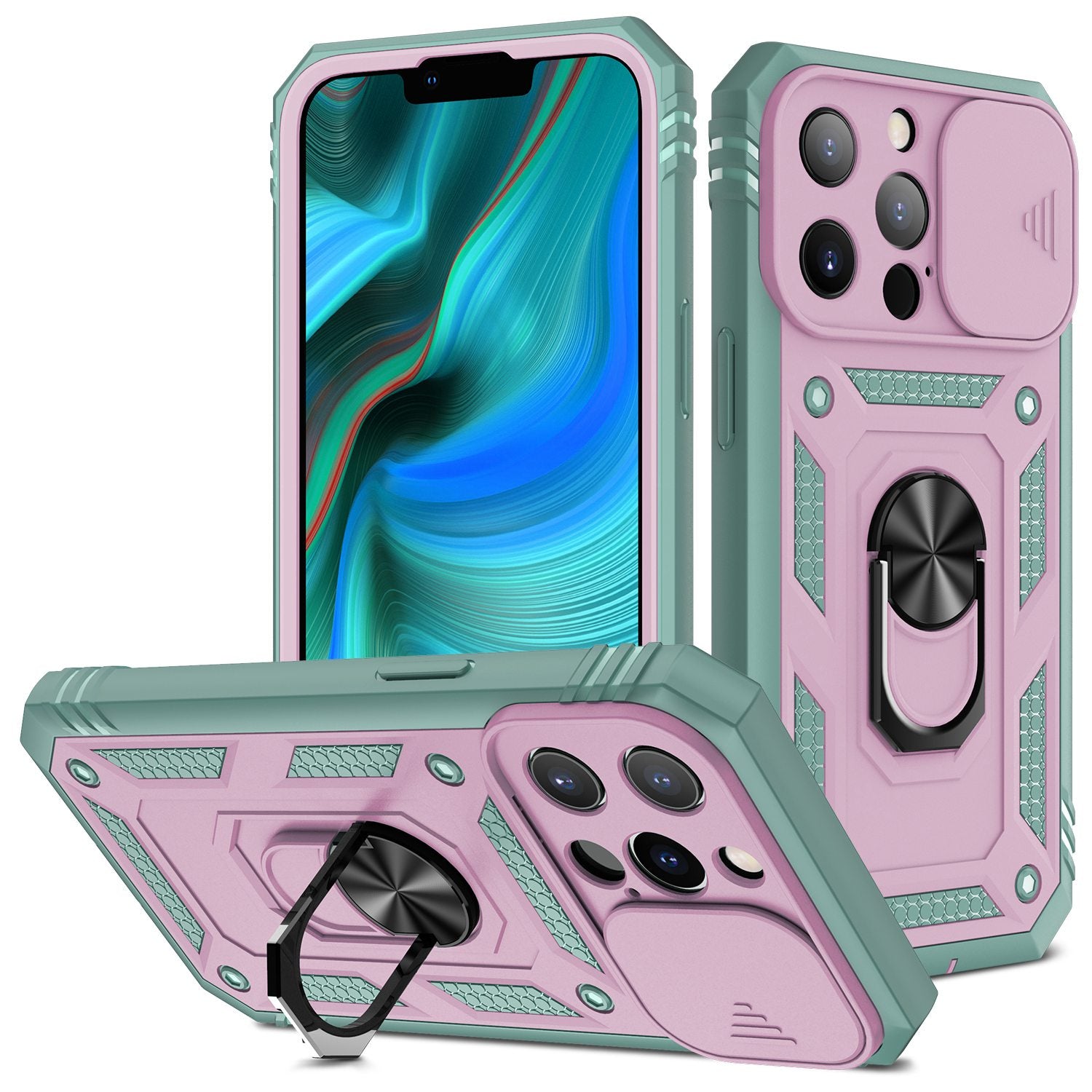 For iPhone 13 Pro 6.1 inch Built-in Kickstand Sliding Camera Cover PC+TPU Wear-resistant Phone Case Protector with Card Clot