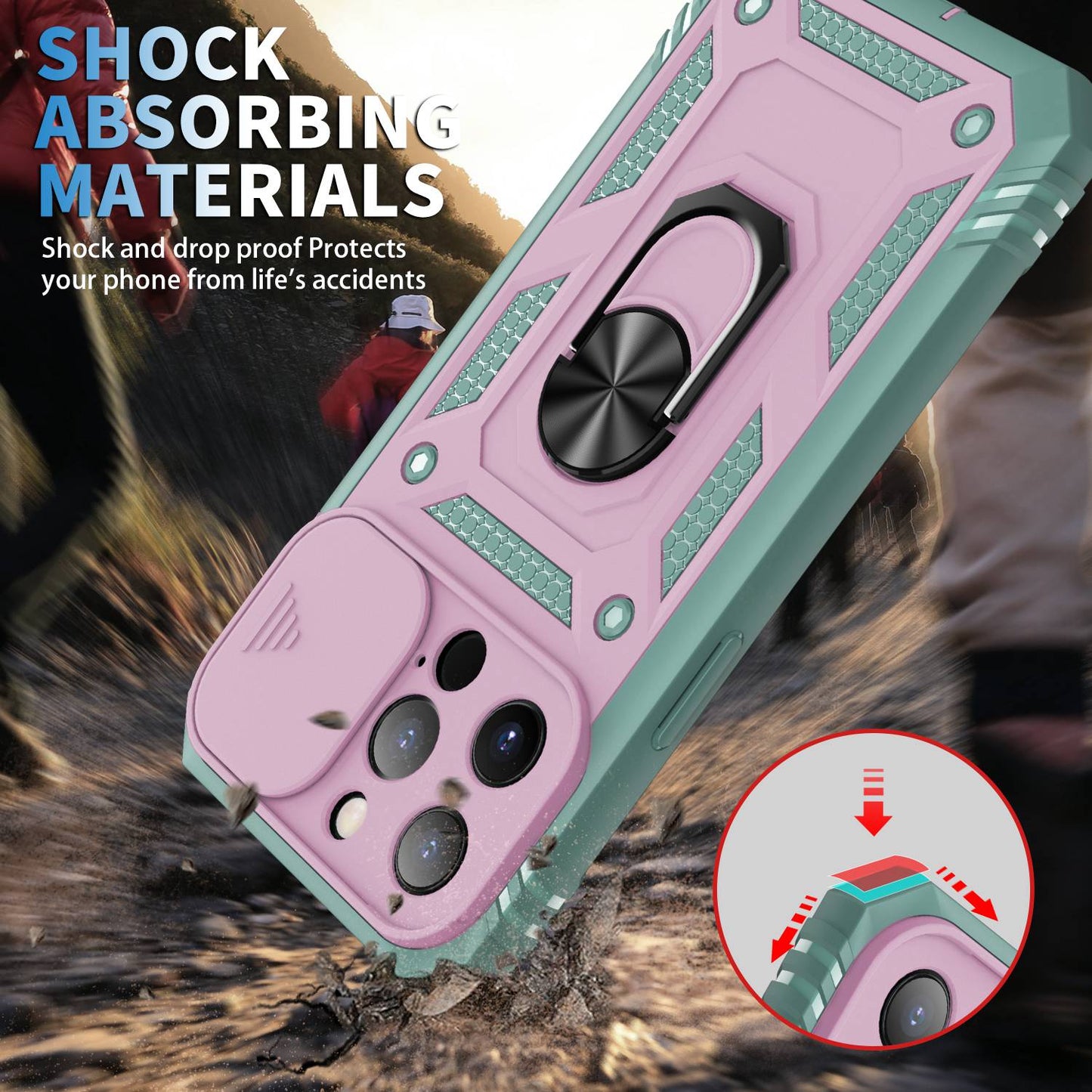 For iPhone 13 Pro 6.1 inch Built-in Kickstand Sliding Camera Cover PC+TPU Wear-resistant Phone Case Protector with Card Clot