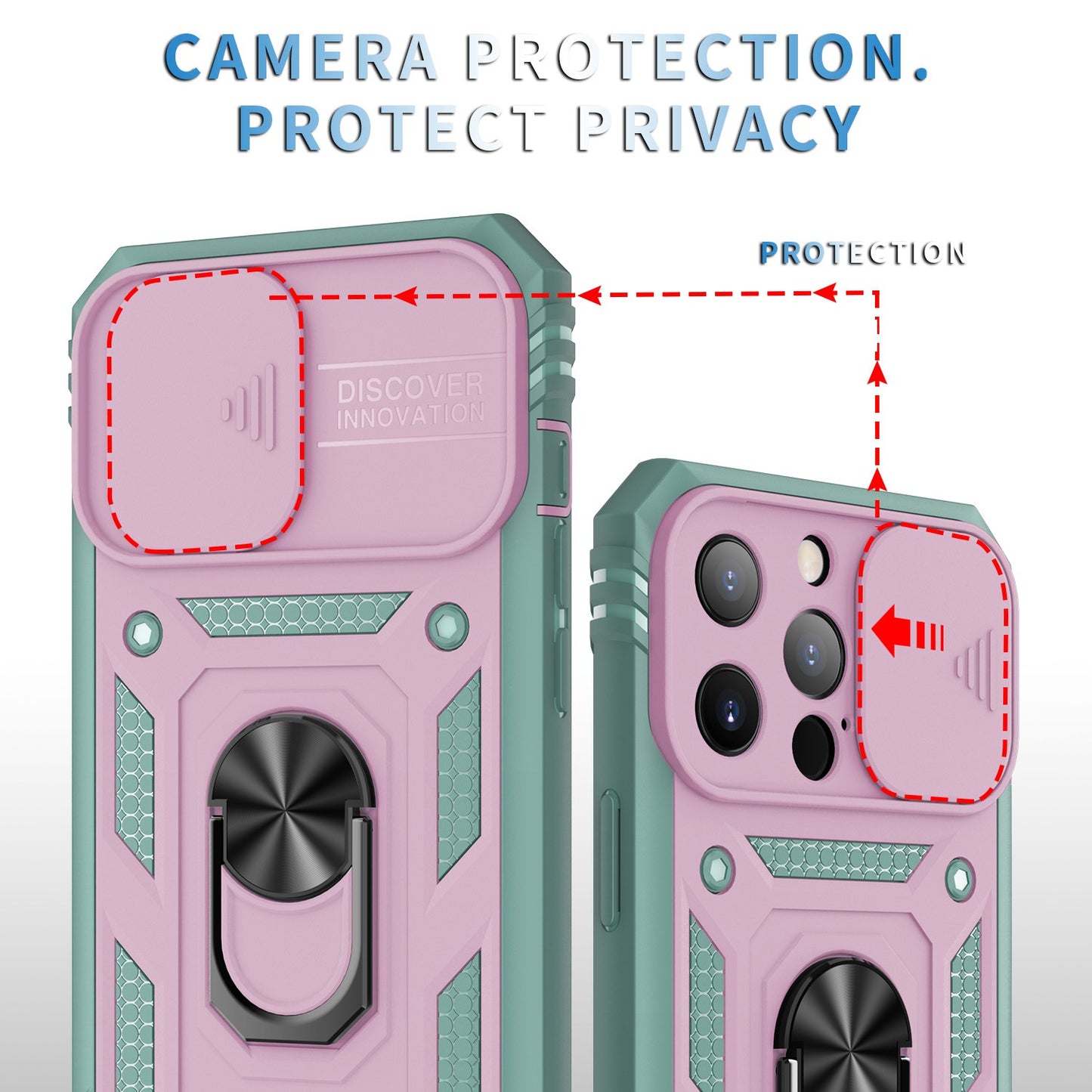 For iPhone 13 Pro 6.1 inch Built-in Kickstand Sliding Camera Cover PC+TPU Wear-resistant Phone Case Protector with Card Clot