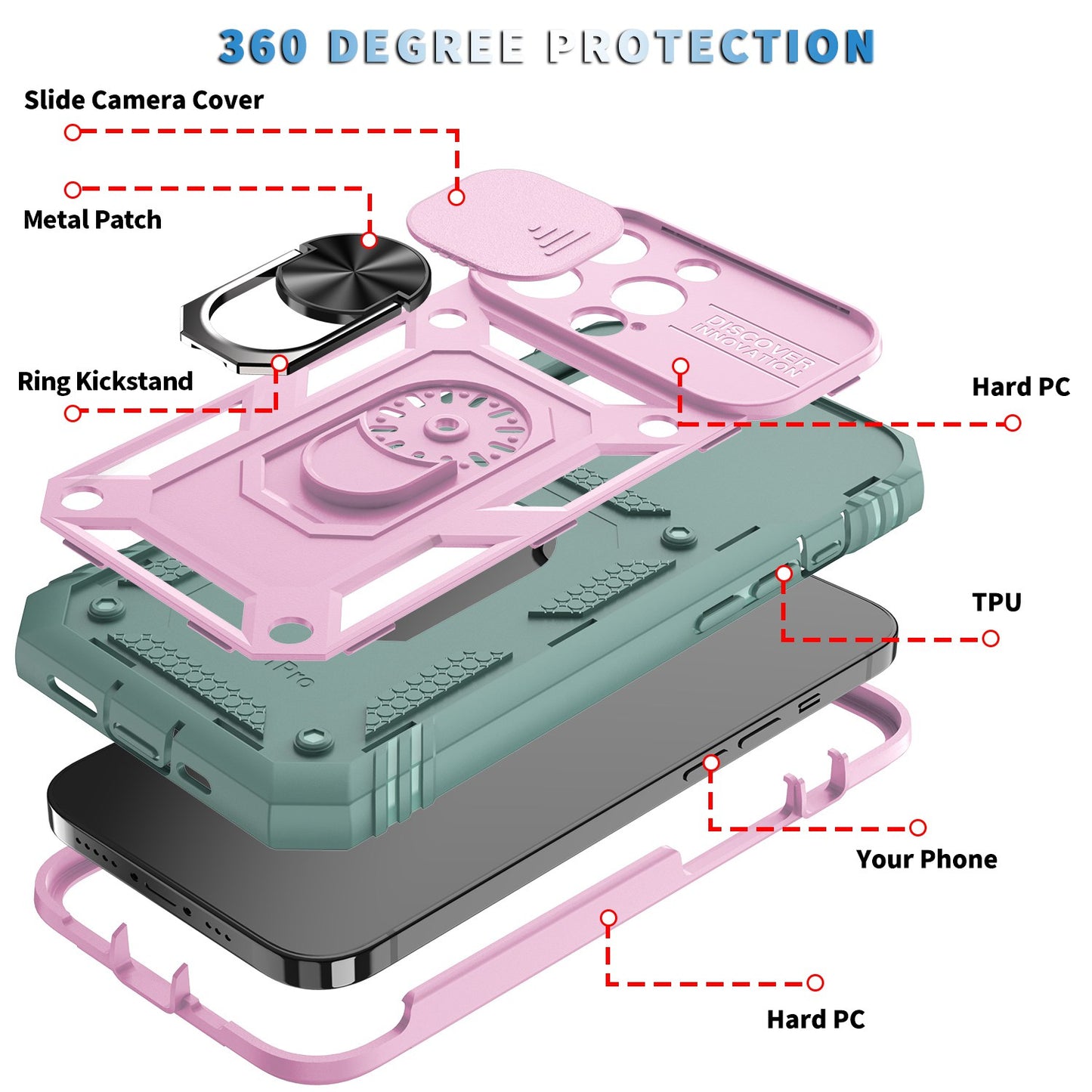 For iPhone 13 Pro 6.1 inch Built-in Kickstand Sliding Camera Cover PC+TPU Wear-resistant Phone Case Protector with Card Clot