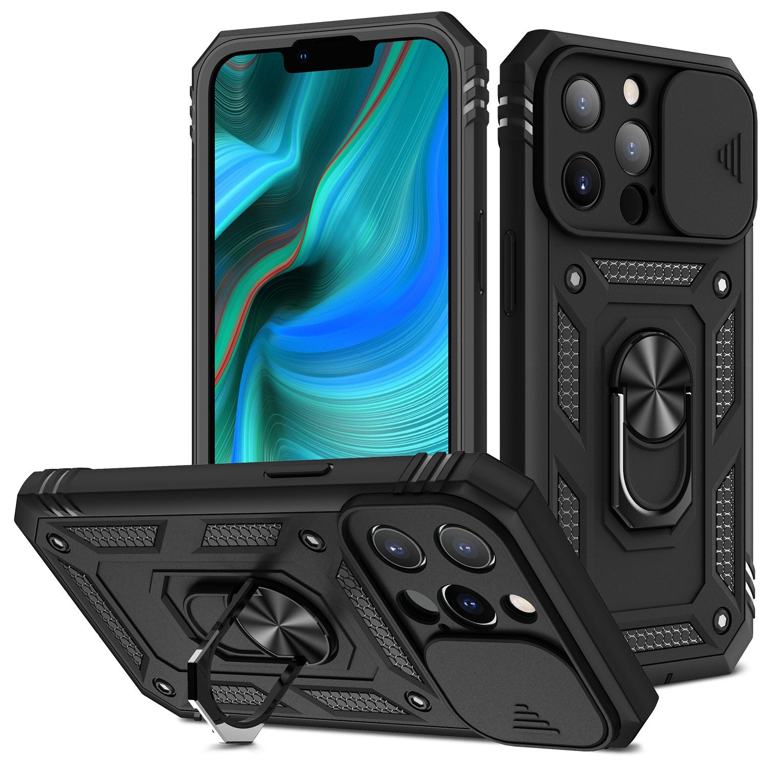 For iPhone 13 Pro 6.1 inch Built-in Kickstand Sliding Camera Cover PC+TPU Wear-resistant Phone Case Protector with Card Clot
