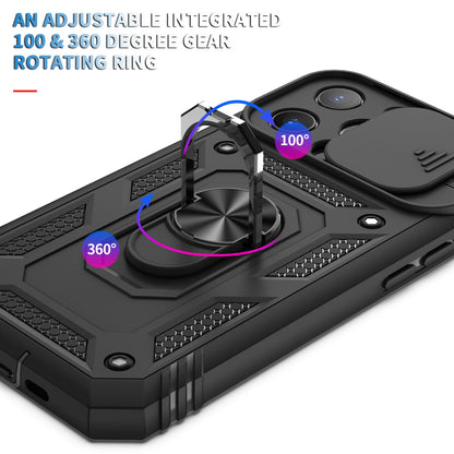 For iPhone 13 Pro 6.1 inch Built-in Kickstand Sliding Camera Cover PC+TPU Wear-resistant Phone Case Protector with Card Clot