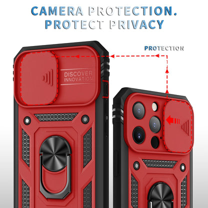 For iPhone 13 Pro 6.1 inch Built-in Kickstand Sliding Camera Cover PC+TPU Wear-resistant Phone Case Protector with Card Clot