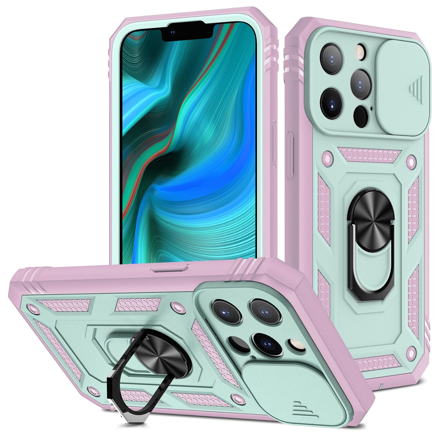 For iPhone 13 Pro 6.1 inch Built-in Kickstand Sliding Camera Cover PC+TPU Wear-resistant Phone Case Protector with Card Clot
