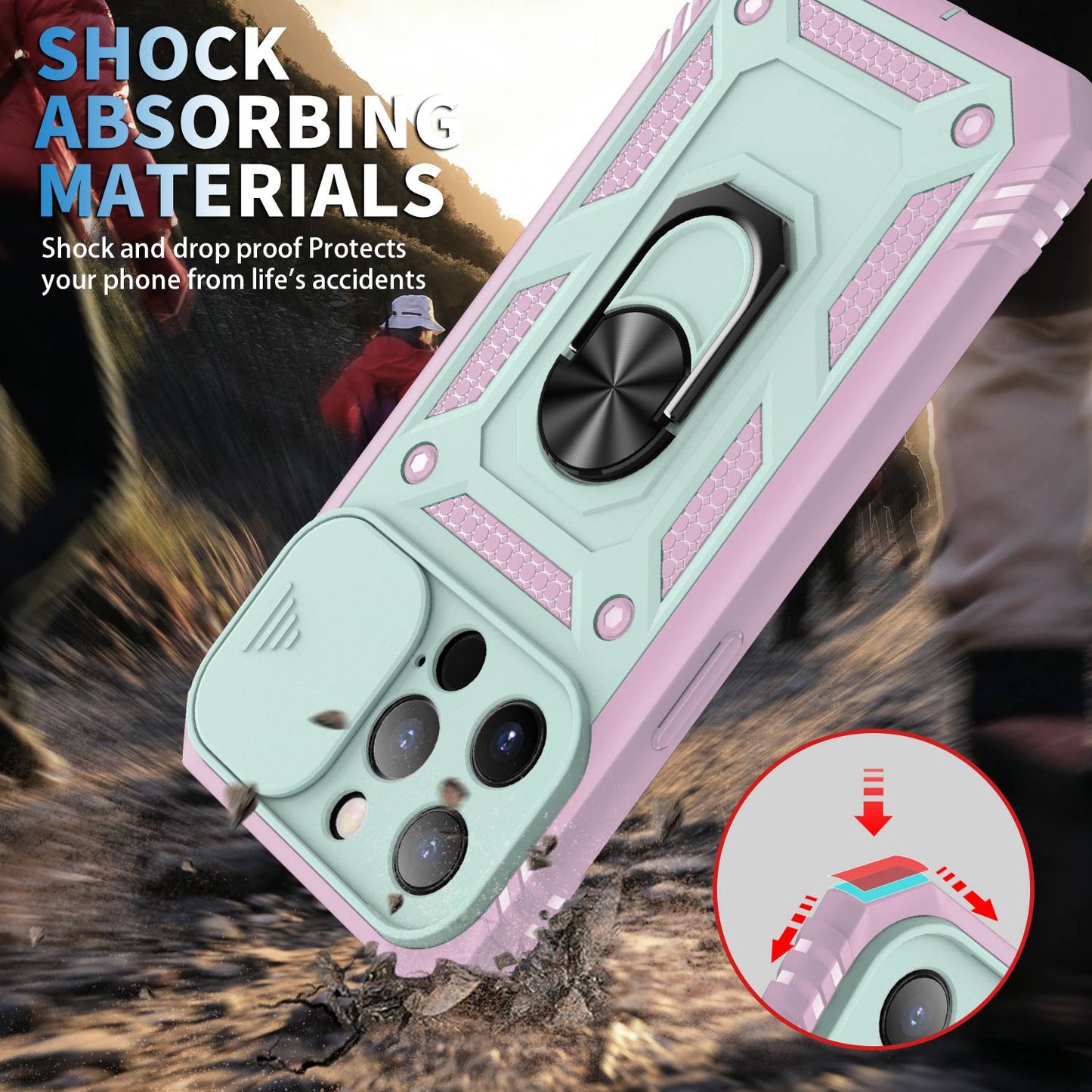 For iPhone 13 Pro 6.1 inch Built-in Kickstand Sliding Camera Cover PC+TPU Wear-resistant Phone Case Protector with Card Clot