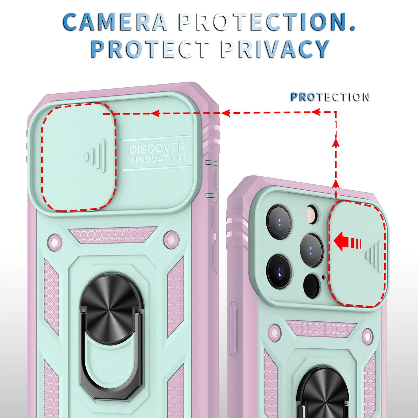 For iPhone 13 Pro 6.1 inch Built-in Kickstand Sliding Camera Cover PC+TPU Wear-resistant Phone Case Protector with Card Clot