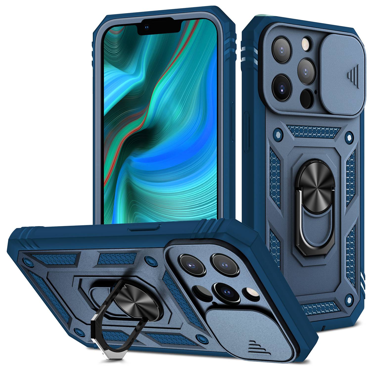 For iPhone 13 Pro 6.1 inch Built-in Kickstand Sliding Camera Cover PC+TPU Wear-resistant Phone Case Protector with Card Clot