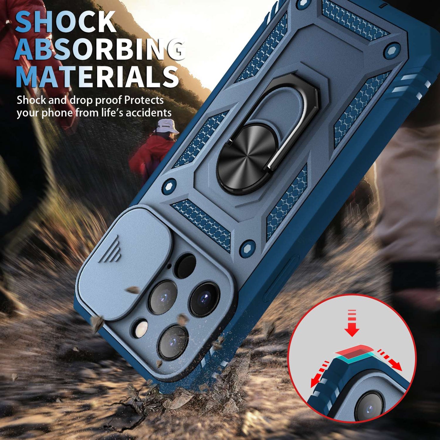 For iPhone 13 Pro 6.1 inch Built-in Kickstand Sliding Camera Cover PC+TPU Wear-resistant Phone Case Protector with Card Clot