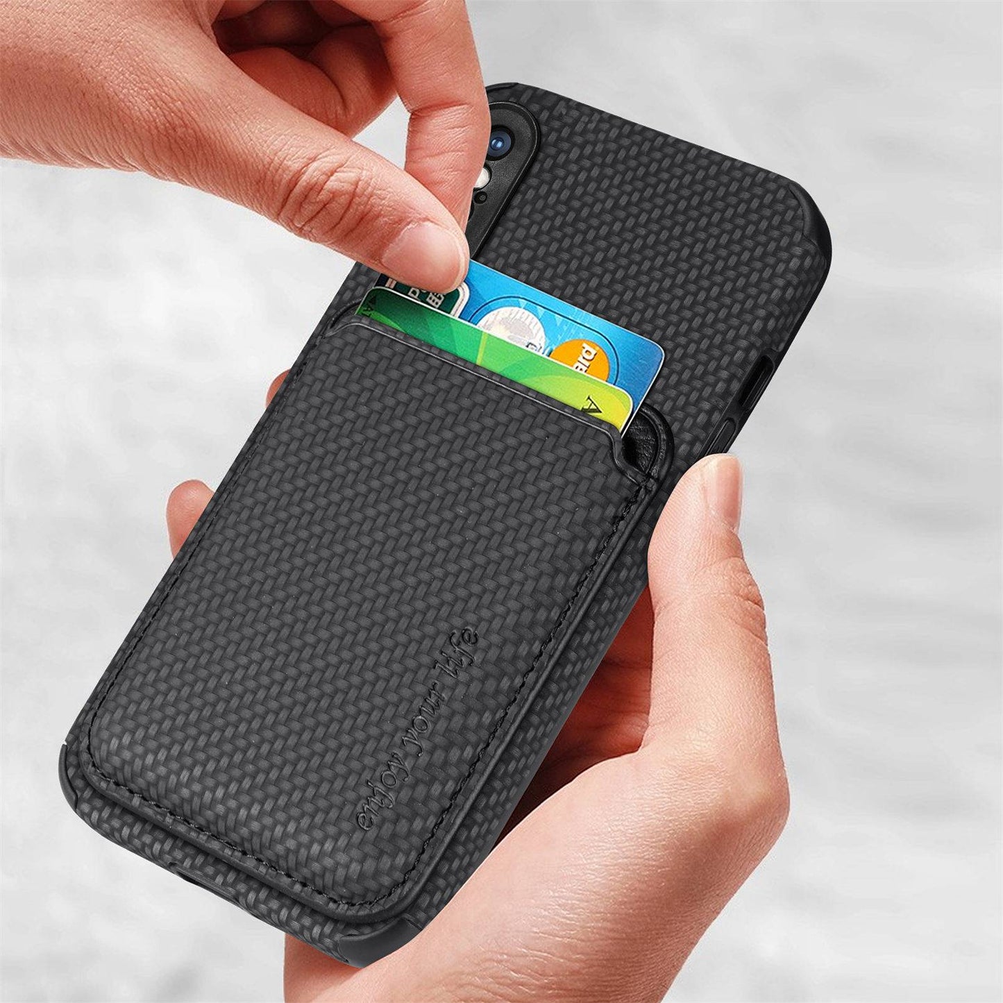 For iPhone X/XS 5.8 inch Carbon Fiber Texture Wear-resistant Phone Case PU Leather + TPU + PVC Protector with Detachable Magnetic Card Holder