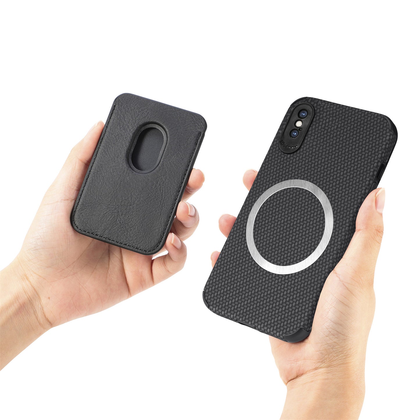 For iPhone X/XS 5.8 inch Carbon Fiber Texture Wear-resistant Phone Case PU Leather + TPU + PVC Protector with Detachable Magnetic Card Holder
