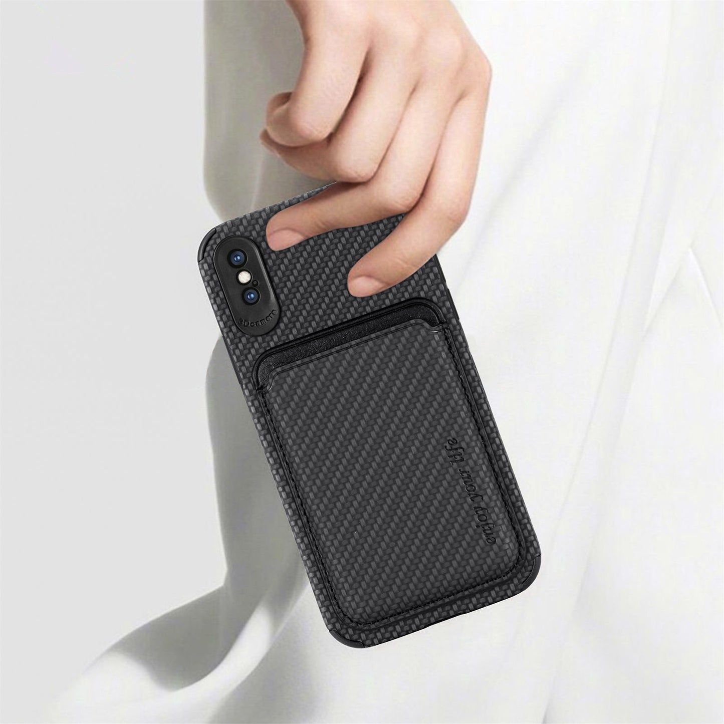 For iPhone X/XS 5.8 inch Carbon Fiber Texture Wear-resistant Phone Case PU Leather + TPU + PVC Protector with Detachable Magnetic Card Holder