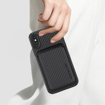 For iPhone X/XS 5.8 inch Carbon Fiber Texture Wear-resistant Phone Case PU Leather + TPU + PVC Protector with Detachable Magnetic Card Holder
