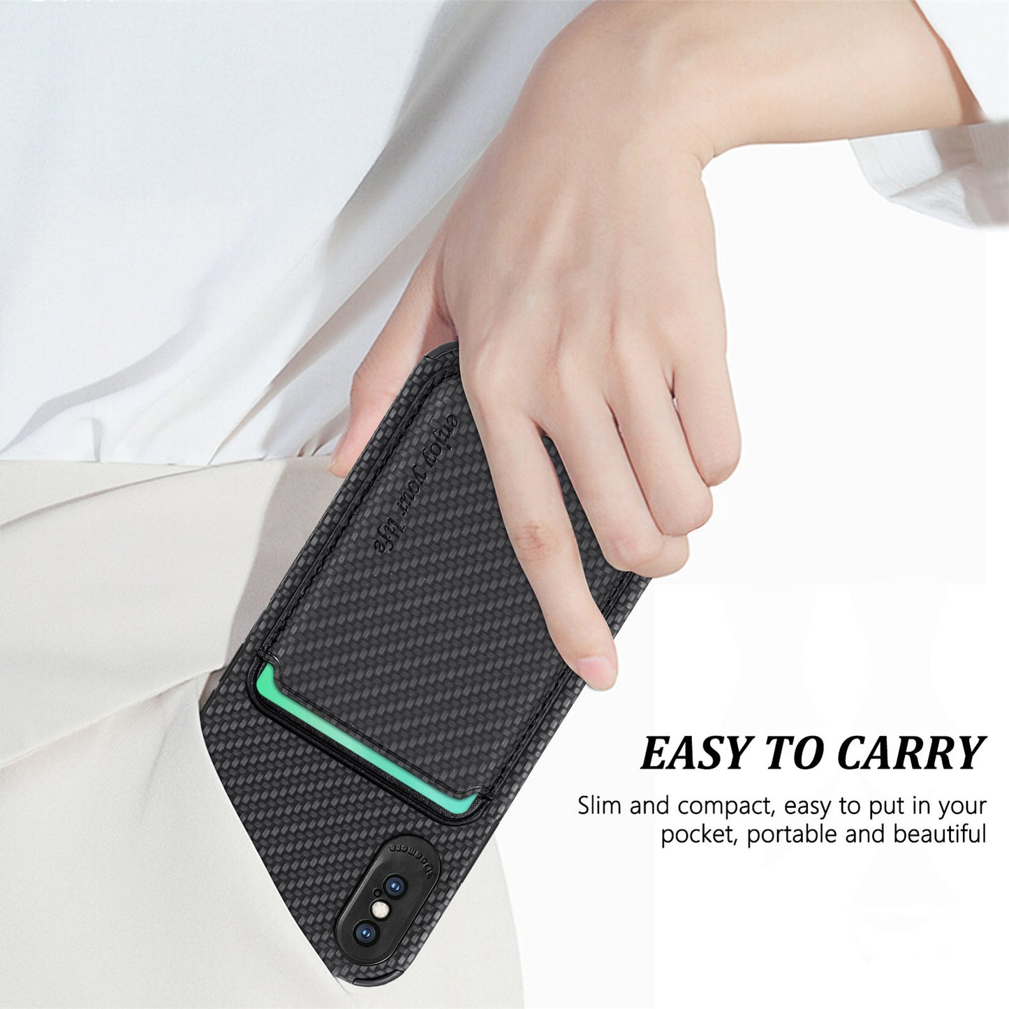 For iPhone X/XS 5.8 inch Carbon Fiber Texture Wear-resistant Phone Case PU Leather + TPU + PVC Protector with Detachable Magnetic Card Holder