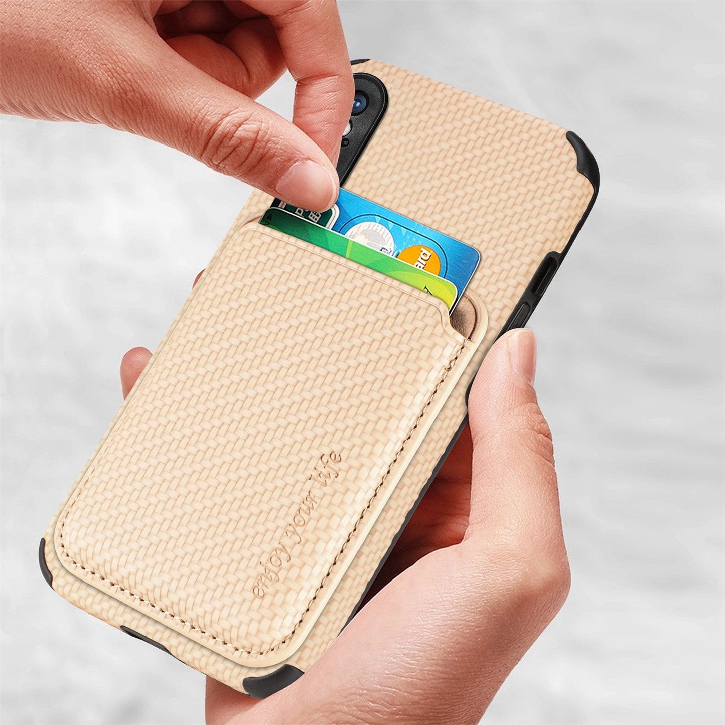 For iPhone X/XS 5.8 inch Carbon Fiber Texture Wear-resistant Phone Case PU Leather + TPU + PVC Protector with Detachable Magnetic Card Holder