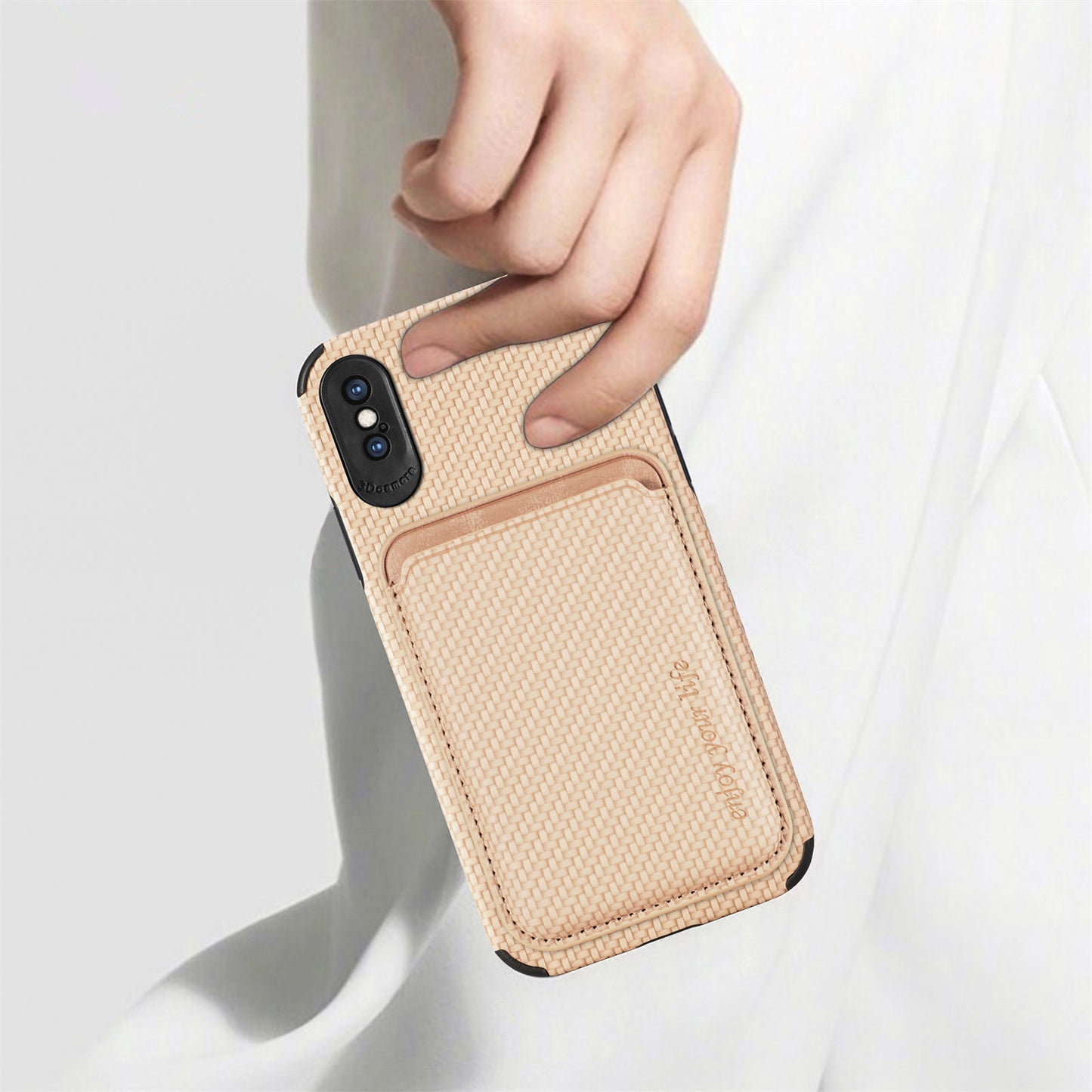 For iPhone X/XS 5.8 inch Carbon Fiber Texture Wear-resistant Phone Case PU Leather + TPU + PVC Protector with Detachable Magnetic Card Holder