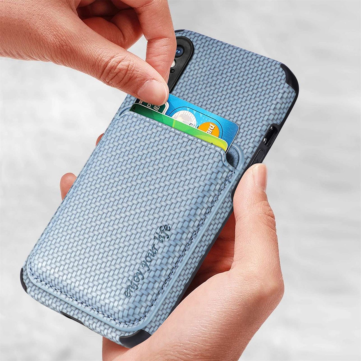 For iPhone X/XS 5.8 inch Carbon Fiber Texture Wear-resistant Phone Case PU Leather + TPU + PVC Protector with Detachable Magnetic Card Holder