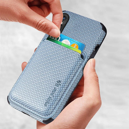 For iPhone X/XS 5.8 inch Carbon Fiber Texture Wear-resistant Phone Case PU Leather + TPU + PVC Protector with Detachable Magnetic Card Holder