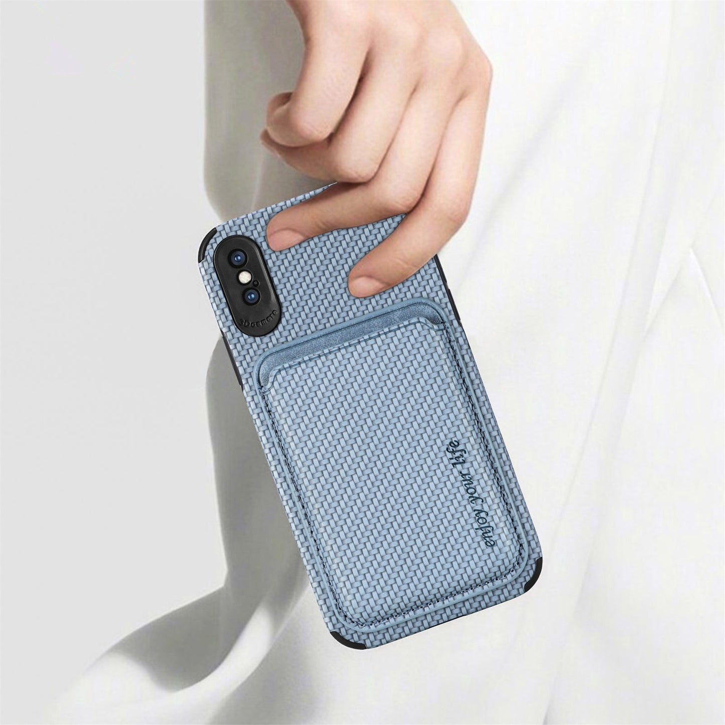 For iPhone X/XS 5.8 inch Carbon Fiber Texture Wear-resistant Phone Case PU Leather + TPU + PVC Protector with Detachable Magnetic Card Holder
