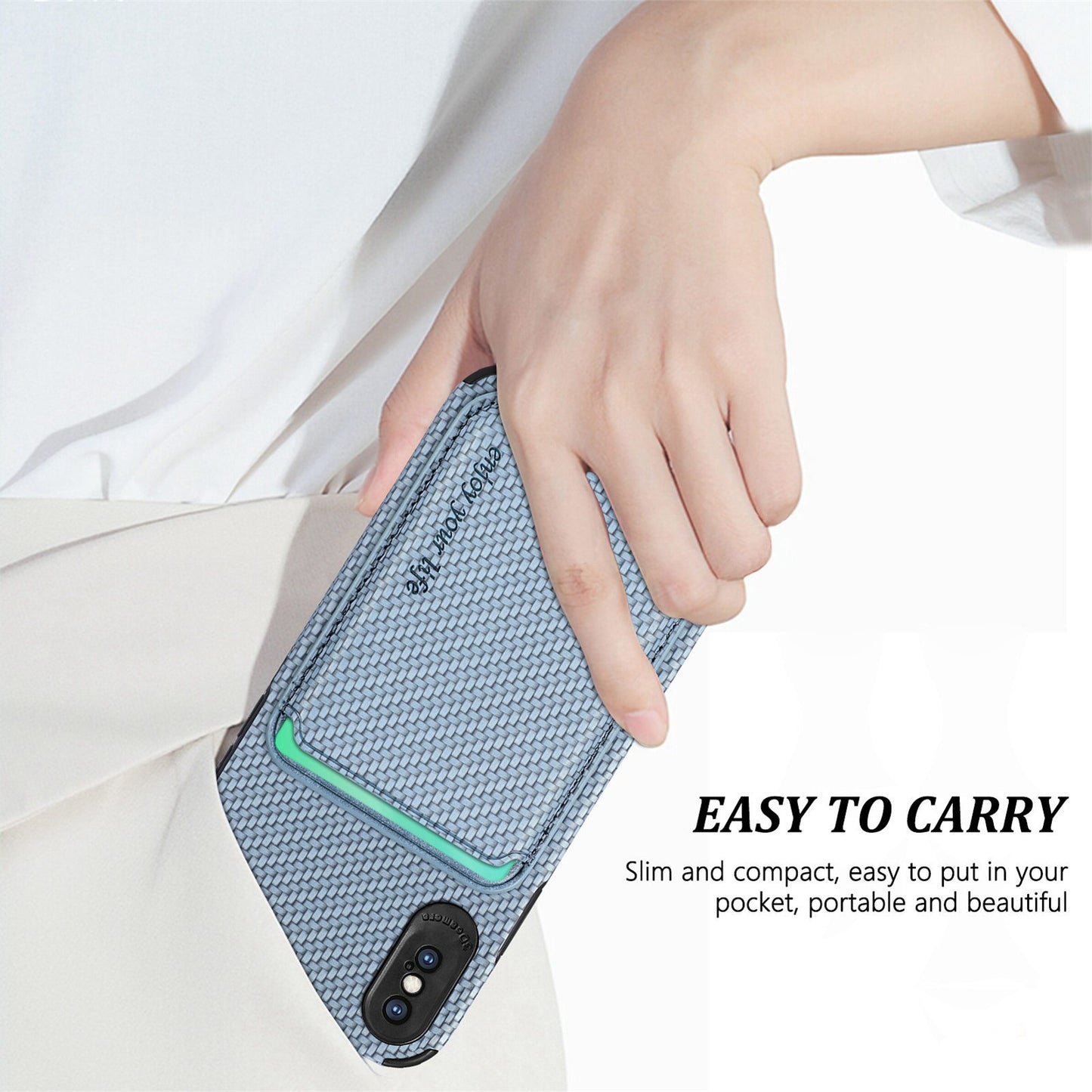 For iPhone X/XS 5.8 inch Carbon Fiber Texture Wear-resistant Phone Case PU Leather + TPU + PVC Protector with Detachable Magnetic Card Holder